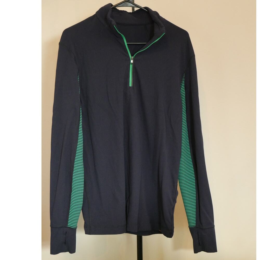 Lululemon Men's Navy Quarter Zip Green Striped Sleeves